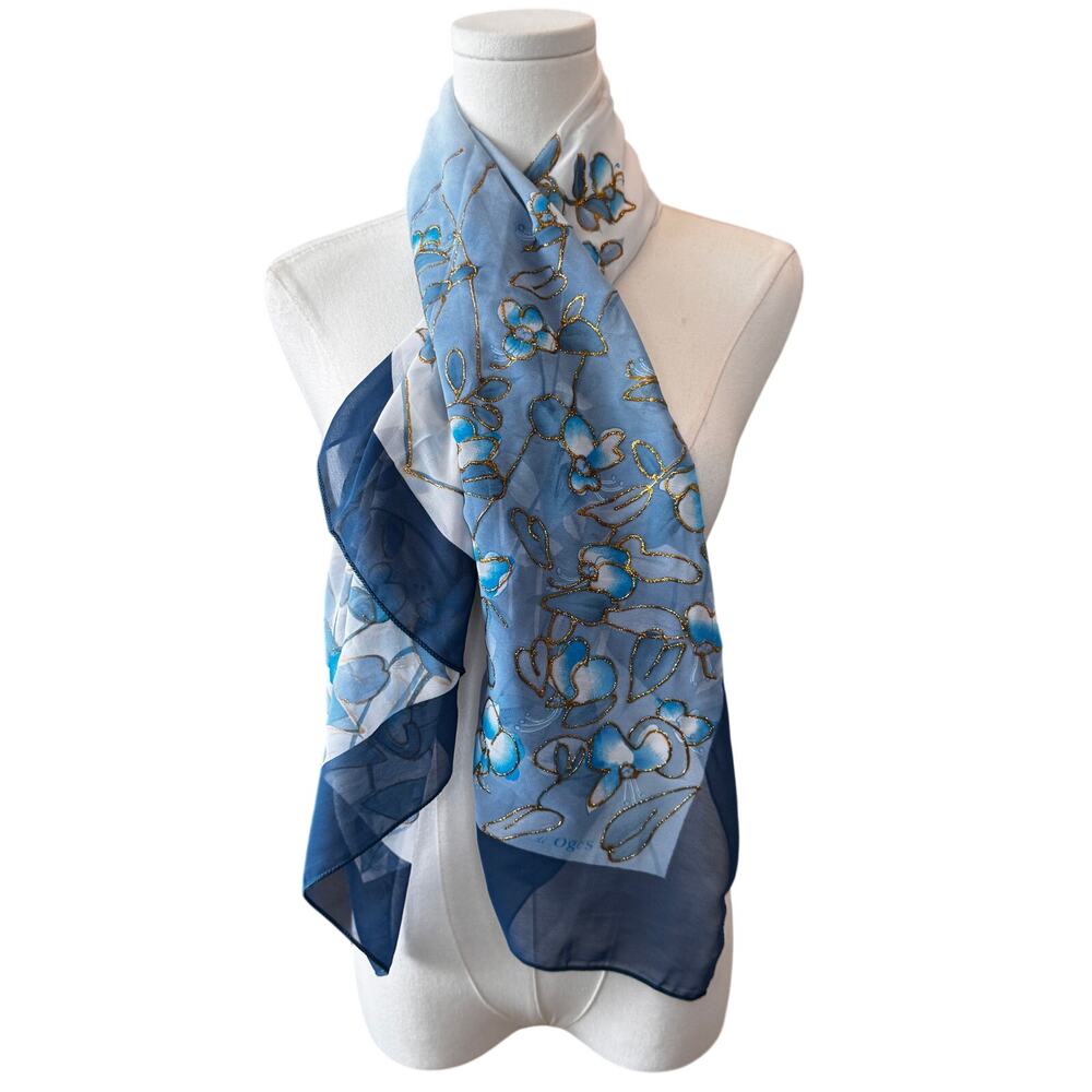 De’Ogos Women's Blue Elegant Floral Accent Neck Sheer Scarf Size 38